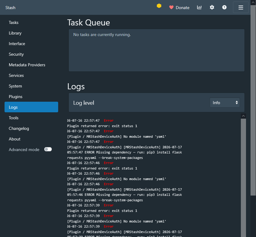 Stash settings logs showing repeated plugin start attempts