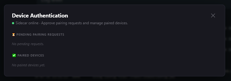 Device auth modal showing the connected state