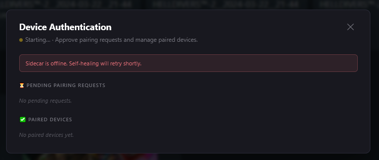Device auth modal showing the offline state