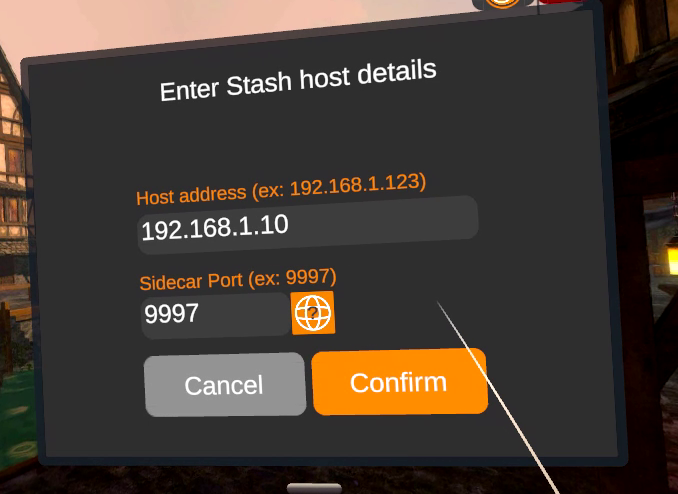 Host details screen asking for server address and sidecar port
