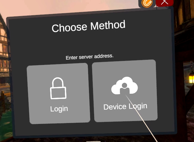 In-headset login screen with mode select, device pairing option
